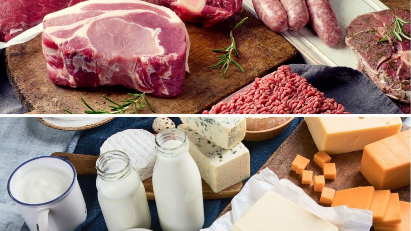 На малюнку зображено сиру яловичину і молочні продукти