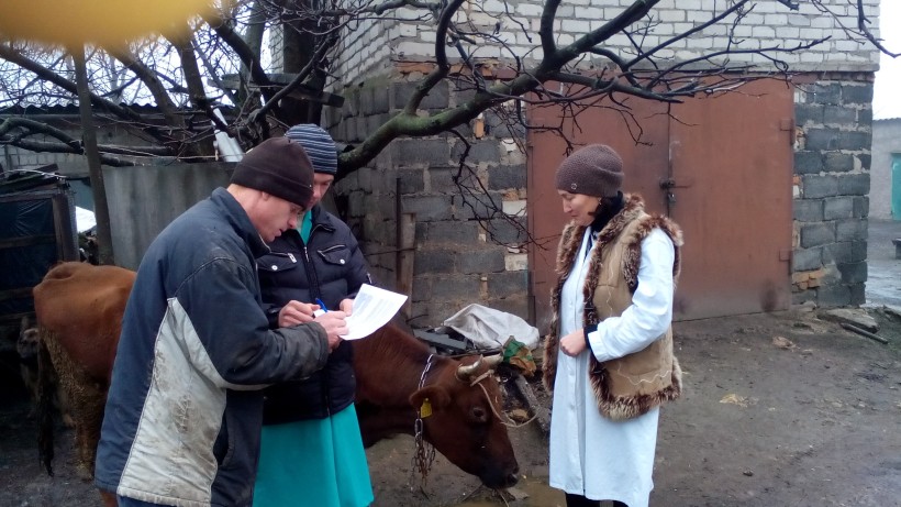 На малюнку зображено трьох людей і корову