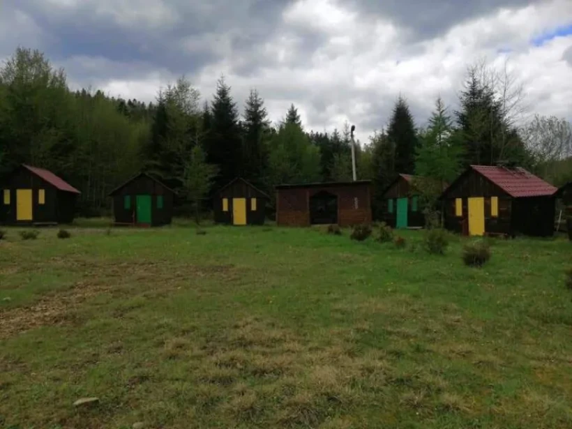 на малюнку - будиночки на галявині