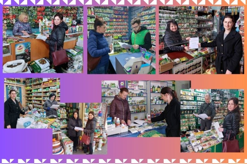 на малюнку зображені люди в магазинах з продажу насіння