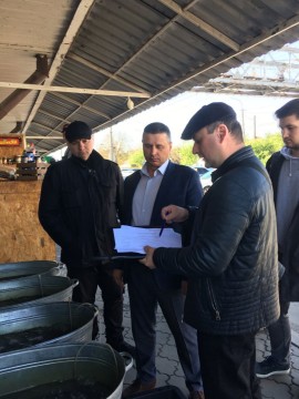 на малюнку - три чоловіка біля прилавка з живою рибою